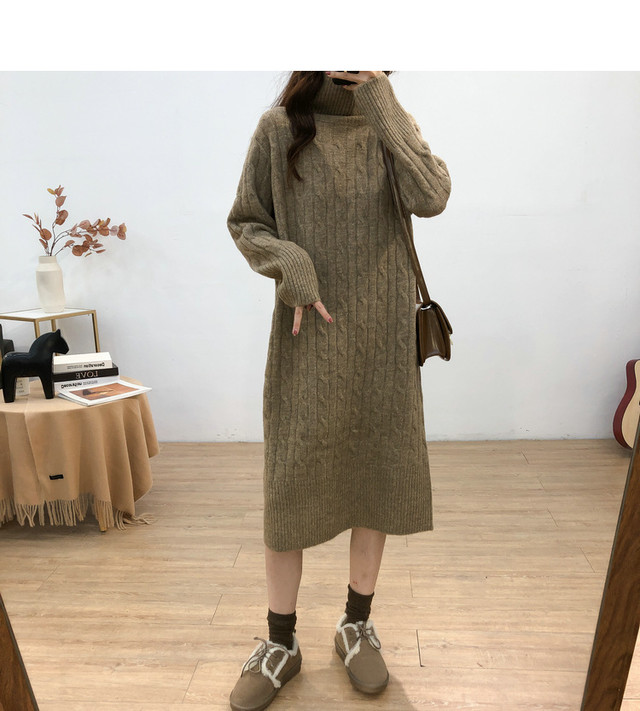 ワンピース ニット ミディアム丈 ケーブル編み タートルネック ダークグレー ベージュ ワインレッド ブラウン カーキ グレー ブラック 冬 暖か 冬 ワンカラー シンプル おしゃれ 上品 大人 レディー 主婦 Ol 通勤 フリースタイル 学生 デート 旅行 女子会 ランチコーデ
