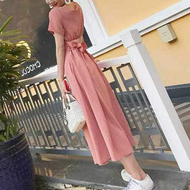 ワンピース ミディ丈 ラウンドネック 半袖 無地 ａライン 変形 大人可愛い 春夏 お出かけ ウエストマーク ピンク Z K M Base