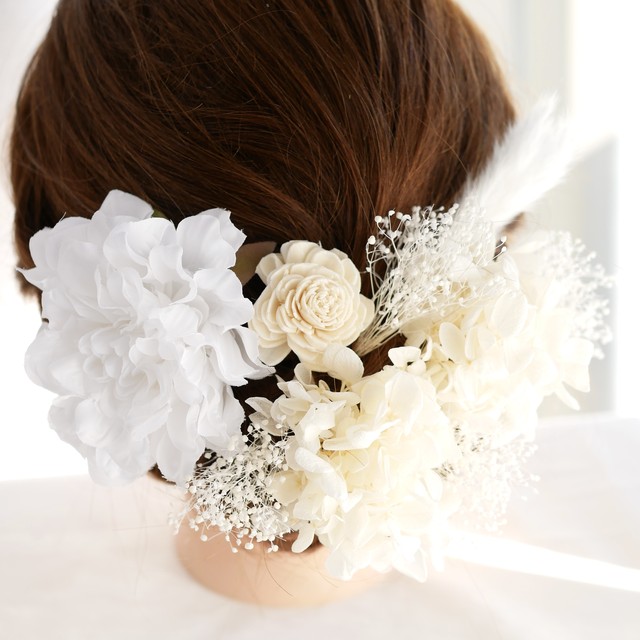 A1 白のドライフラワーヘッドドレスのセット Lomeri ロメリ お花のヘアアクセサリー専門店