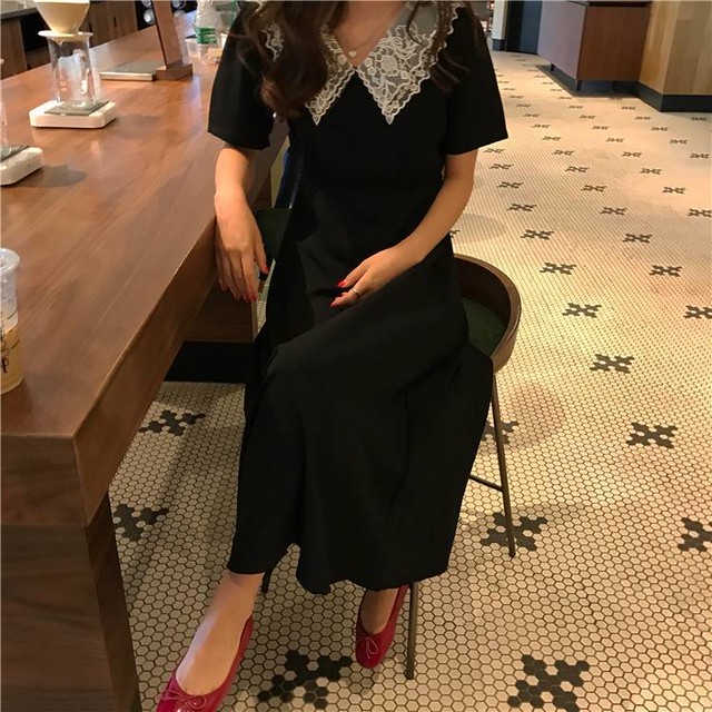 ビッグカラー ワンピース ロング丈 半袖 上品 個性的 Cgyk Cg1p