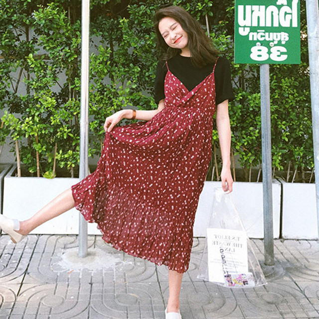 小花柄シフォン 赤色キャミソールロングマタニティワンピース 黒トップス 2点セット マタニティーワンピース専門店 Ninpuku