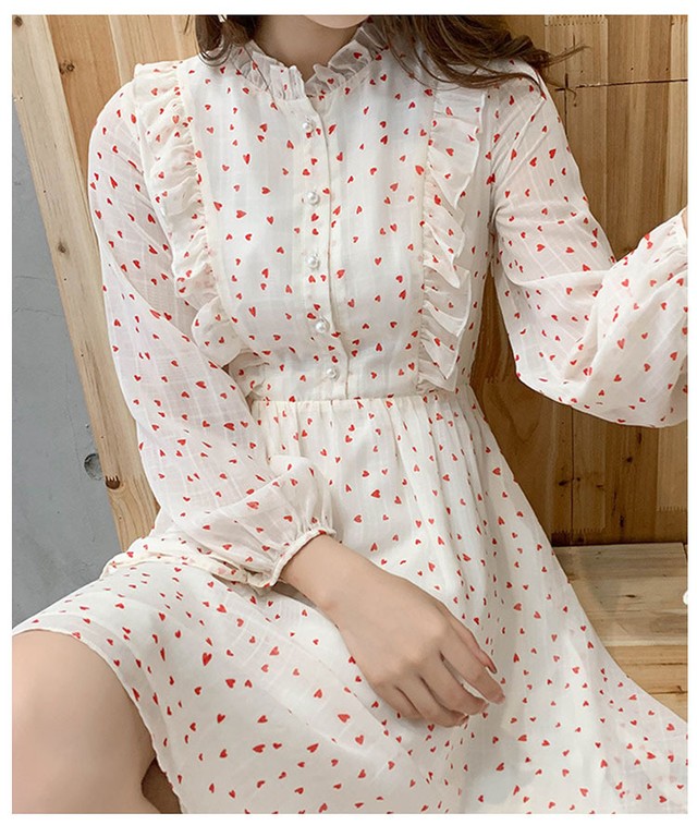 ハートプリントワンピース ワンピース ハート 膝丈 ベージュ 長袖 デート 女子会 パーティー 韓国 オルチャン 韓国レディースファッション通販 ポワン