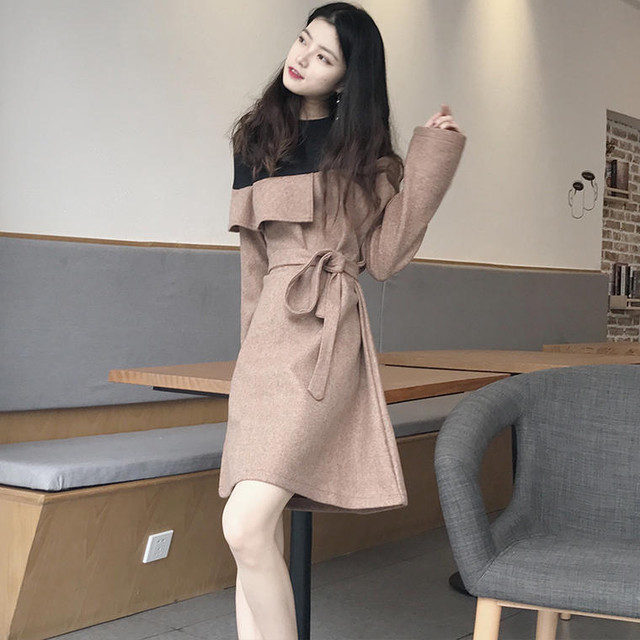 デザインワンピース ショート丈 レディース バイカラー カーキ グレー トレンチ フェミニンカジュアル タイト 韓国系 B569 Idear