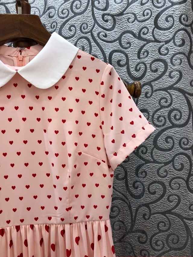 ピンク ワンピース 丸襟 半袖 プリーツ スカート 可愛い ハート 赤 柄 お嬢様 Loveysmileshop