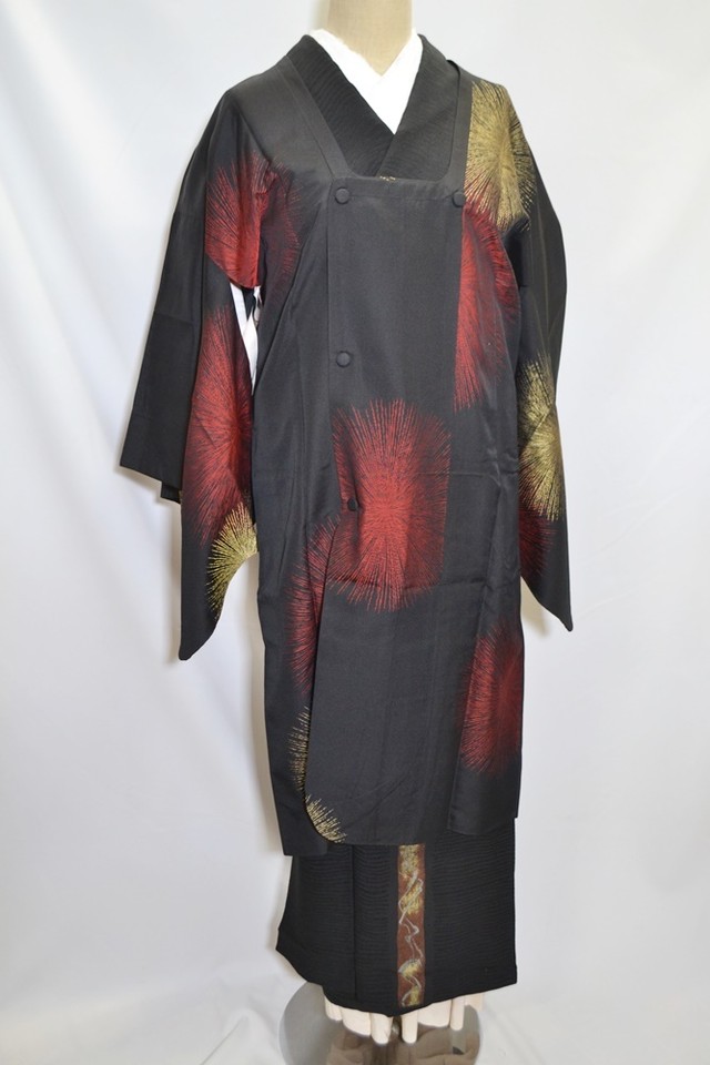 アンティークコート 金 赤花火 道行コート お召 アンティーク着物侘びすけ 大正ロマンやモダンでおしゃれな着物