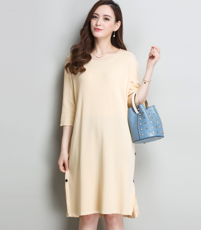 ワンピース Iラインワンピース クルーネック ひざ丈 ミディ丈 サイドスリット ５分袖 上品 大人 オフィス 通勤 Kb 46 Musubi Me 韓国 オルチャン レディースファッションのお店