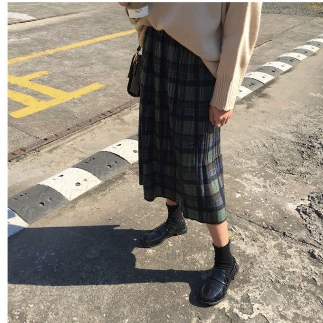 チェック柄ロングスカート 韓国 オルチャン チェックスカート 大きいサイズ ロング 秋新作 秋服 秋色 秋冬 チェック柄 韓国 オルチャン Basecamp49