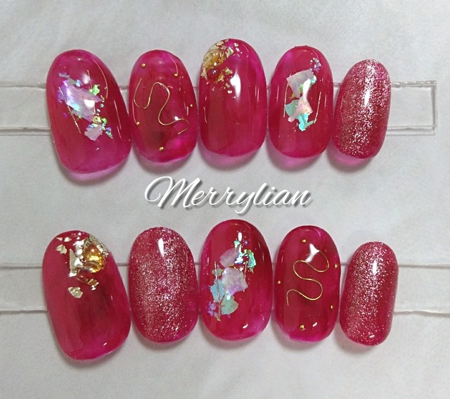 No 35 ネイルチップ 赤ネイル シェルネイル ワイヤーネイル ギャラクシーネイル Merrylian