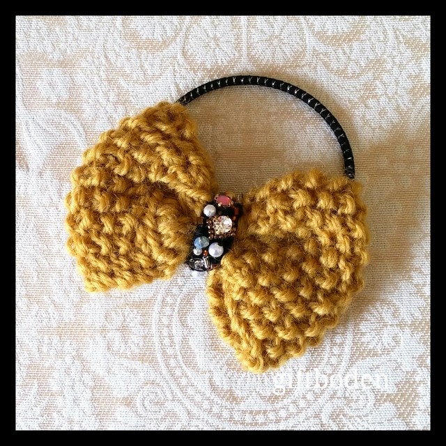 毛糸リボンヘアゴム イエロー大 ビーズ刺繍とフラワーアクセサリー Giftboden