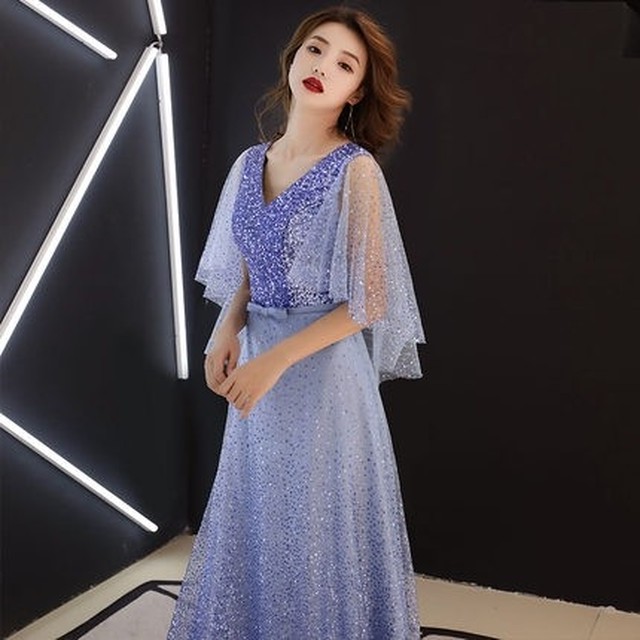 キラキラ スパンコール ロングワンピース ロングドレス レースワンピース ハイウエスト ブルー 結婚式 二次会 パーティー お呼ばれ Ptnym1021 Shop Suba