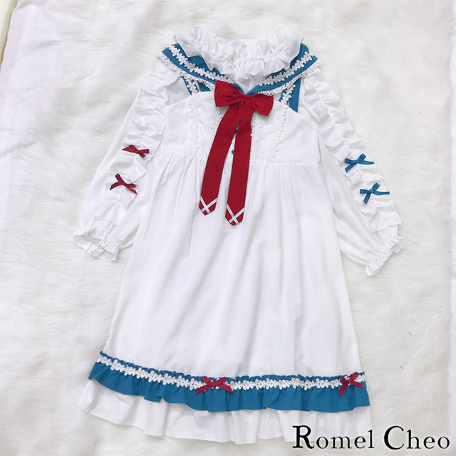 お支払い確認後日以内発送 Romelcheo トリコロール リボン ワンピース セット セットアップ 3ピース スリーピース ロリータ セーラー フリル 爽やか 半袖 長袖 マリン スタイル ガーリー ゆめかわ 大人可愛い 原宿系 3way ロメルチェオ Romelcheo