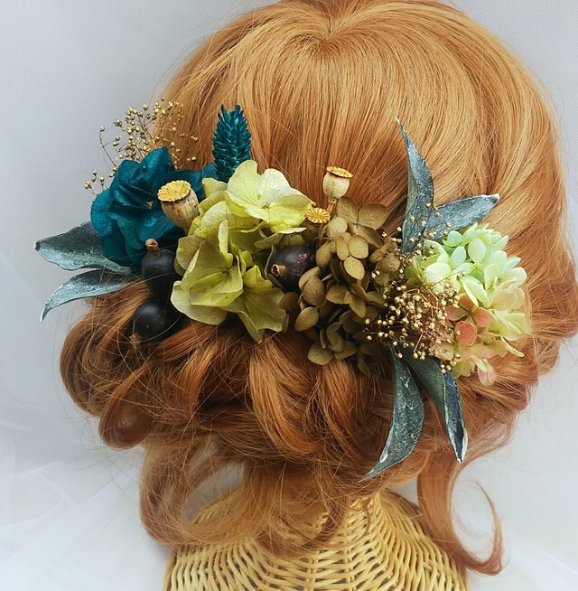 ダークグリーンとブラックベリー 髪飾り 成人式 結婚式 ウェディング ドライフラワー Niji Wedding 手作り ブーケ 髪飾り 花冠の通販
