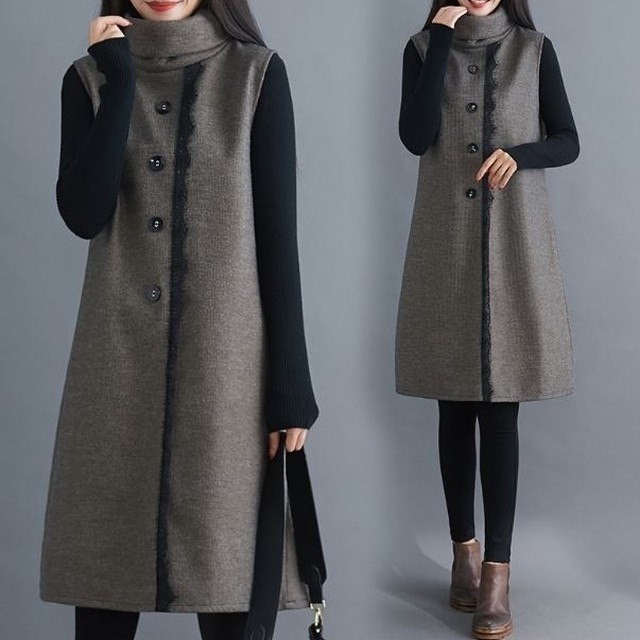 ノースリーブワンピース タートルネック ひざ丈 ひざ下 無地 シンプル レース 大人 エレガント 秋 冬 Choco Chaco