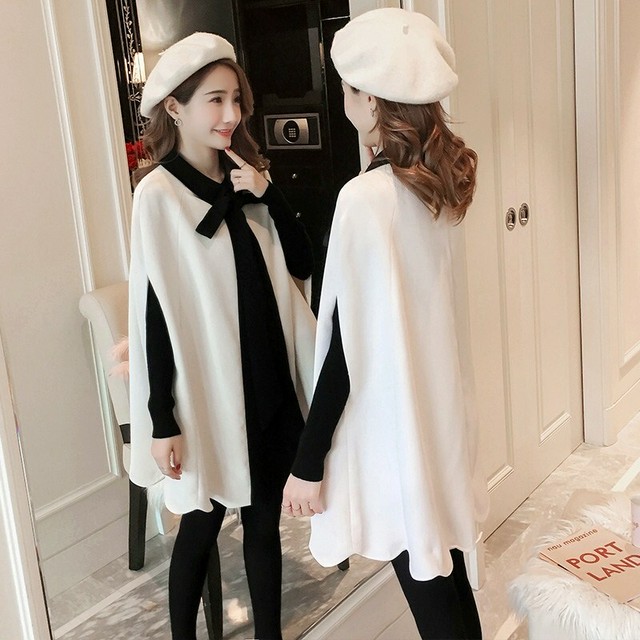 ポンチョ ワンピース マタニティ ドレス 長袖 ミニ丈 バイカラー 秋冬 黒 白 リボン フォーマル インナー付き マタニティーワンピース専門店 Ninpuku