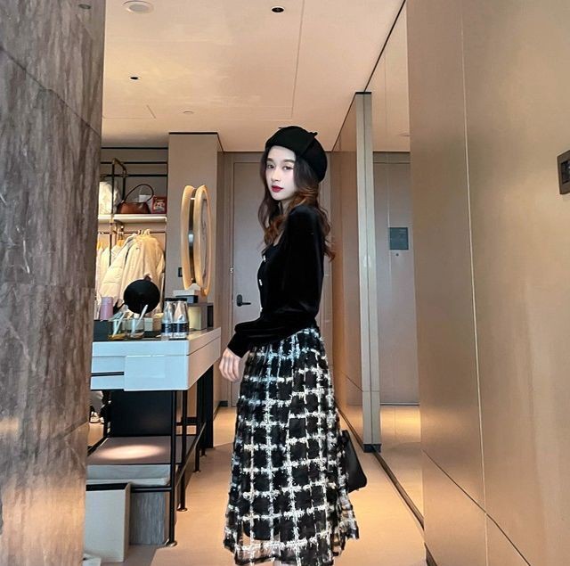 レディース ワンピース 秋冬 長袖 スクエアネックチェックワンピース フレアワンピース シアー Aライン ひざ丈 クラシカル シック フェミニン ガーリー 大人ガーリー 大人カジュアル カジュアル 秋 冬 ブラック S Lサイズ Ukiukionepicec