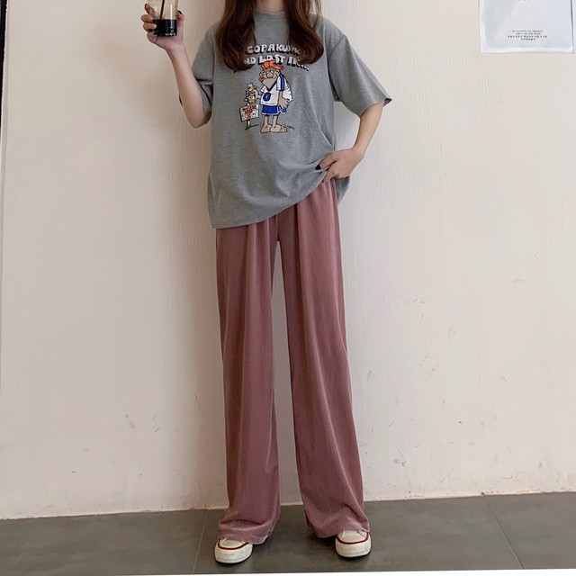 ゆるコーデ ハイウエスト ワイドレッグ ストレートパンツ カジュアルパンツ ボトムス ベロアパンツ ウエストゴム シンプル カジュアル 春夏 デイリー デート お出かけ 10代 代 30代 Ptnym2953 Shop Suba