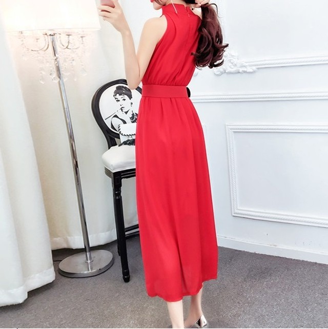 全４色 ドレス ワンピース ノースリーブ ハーフハイネック ハイウエスト ウエストマーク ロング丈 無地 夏 通勤 通学 デート お出かけ パーティー お呼ばれ 演奏会 Arroser