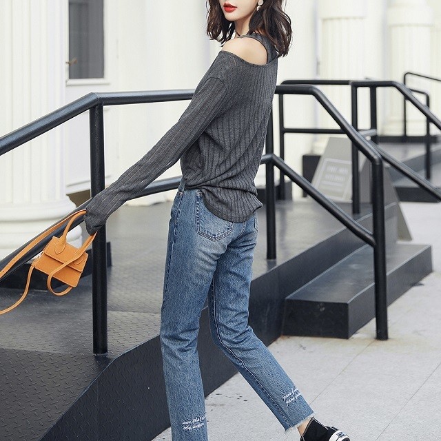 秋冬物 オフショルダー ニット タイト セクシー カットソー タンクトップ セット商品 ツーピース 重ね着 グレー トップス レディース A0173 Aeka Clothet