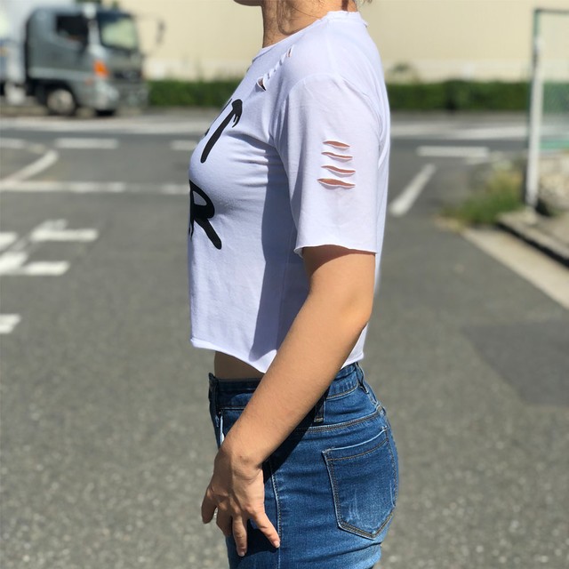 へそ出し トップス レディース 半袖 ロゴ Tシャツ ダメージ シャツ ショート丈 白 黒 文字 プリント 春 夏 お洒落 トップス Infini Arc En Ciel