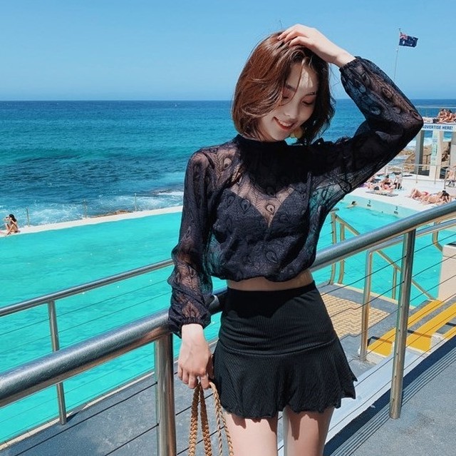 スリーピース ビキニ セクシー ビーチ ブラウス 黒 水着 3点セット 海外旅行 10 代向け 韓国オルチャンファッションyoung Ol Chan