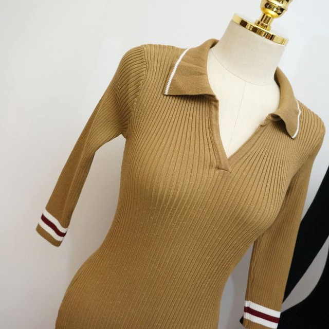 ニットワンピース タイト Vネックワンピース ロング 秋冬 タイトワンピース 姫系ワンピース 秋 フラウンス 7分袖 セクシーワンピース パーディードレス 一字襟ワンピース Nini0092 Poillypecoraワンピースストア