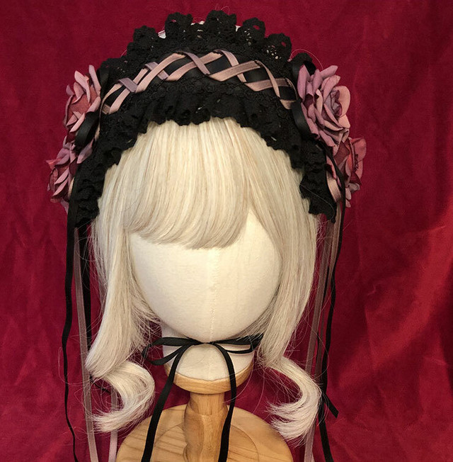 ロリータ ローズヘッドドレス バラ レース フリル ダークカラー リボン ゴシック ゴスロリ ドールスタイル Loli15 Luxury