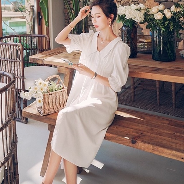 レディース パフスリーブ ワンピース 半袖 フラットカラー シャツワンピース ミモレ丈 フロントボタン ガーリー 大人かわいい ナチュラル お出かけ デート 春 夏 A0430 Ranunculus