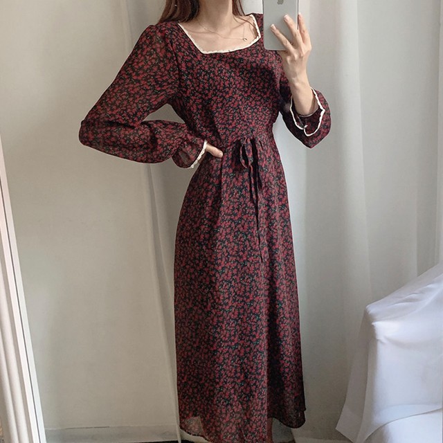 レトロワンピース ハイウェストワンピース ロングワンピース デート お出かけ シックワンピース 花柄ワンピース Ukiukionepicec