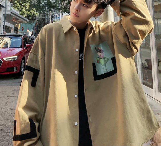 メンズ シャツ 長袖 韓国系 ロゴ プリント レトロ 柄シャツ Jb 1