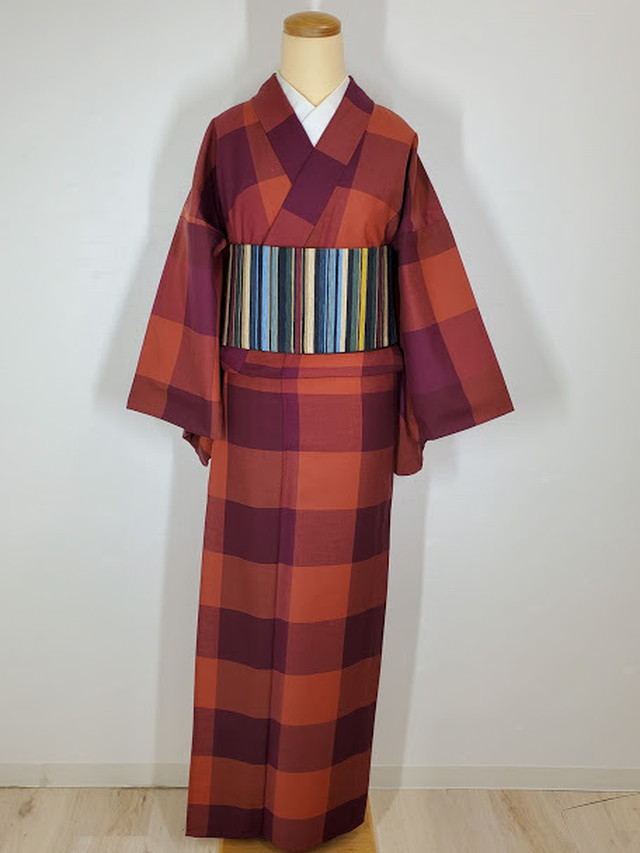 片貝木綿着物 単衣 赤 オレンジチェック わらびるりあん
