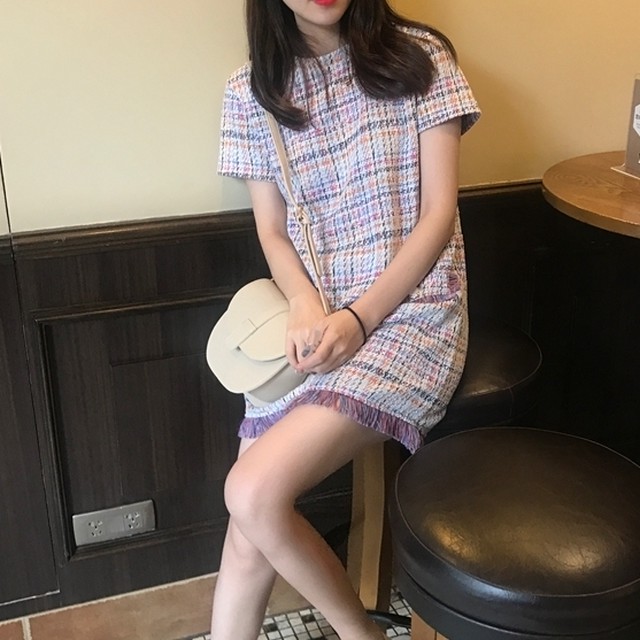 ツイード ワンピース 半袖 ミニ丈 ショート丈 フリンジ ラウンドネック ピンク チェック柄 大人可愛い ワンピ デイリー デート 春夏 Like Fashion