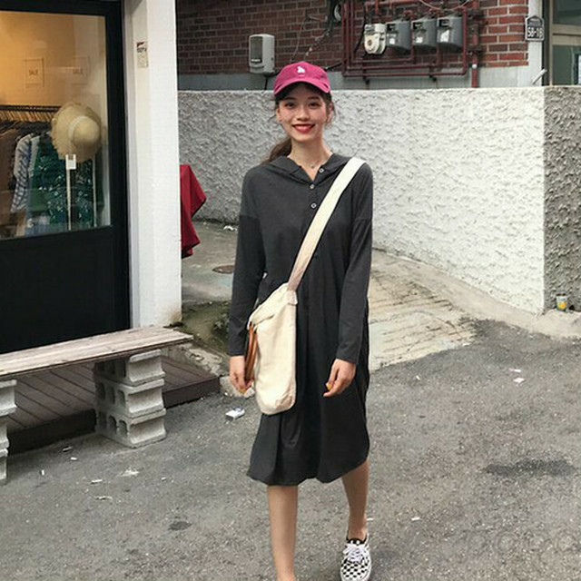ダークグレー Mサイズ ワンピース フード付きワンピ ロンt カジュアル カジュアルコーデ 無地 Aライン Torehapi