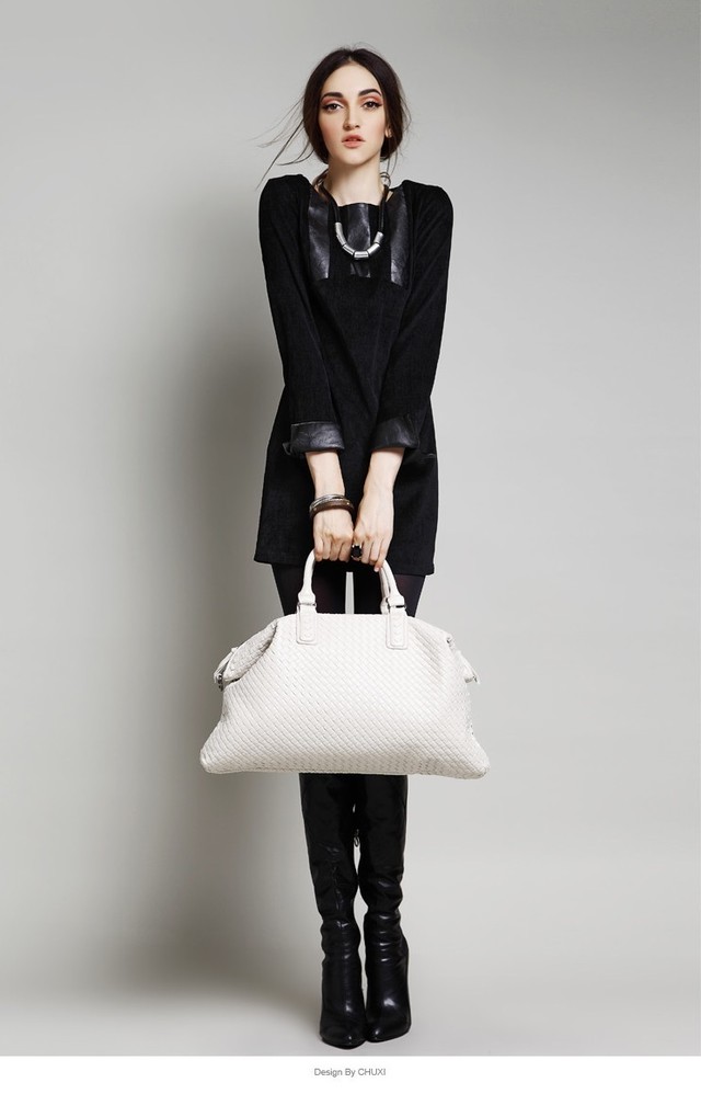 East Asia デザイナーの最新作品 上質レディース 新作高品質モデ服フェイクレザー 切り替えニットワンピース着痩せ レザー 欧米風高級個性 ワンピース Beauty Time