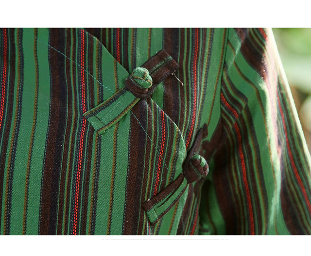 送料無料 チャイナ風ワンピース ドレス 女子会 同窓会 五分袖 ロング丈 スタンドネック コットンリネン素材 ストライプ柄 Sunrise0911