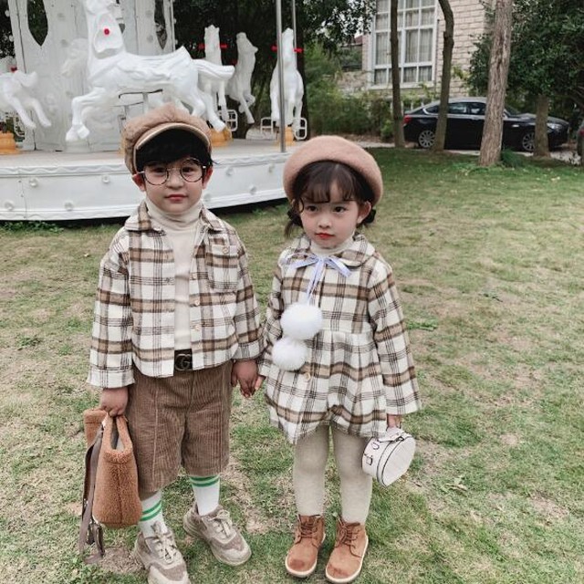 男の子 女の子 チェック お揃い シャツ ワンピース 秋 冬 人気 2色 Dyh海外子供用品