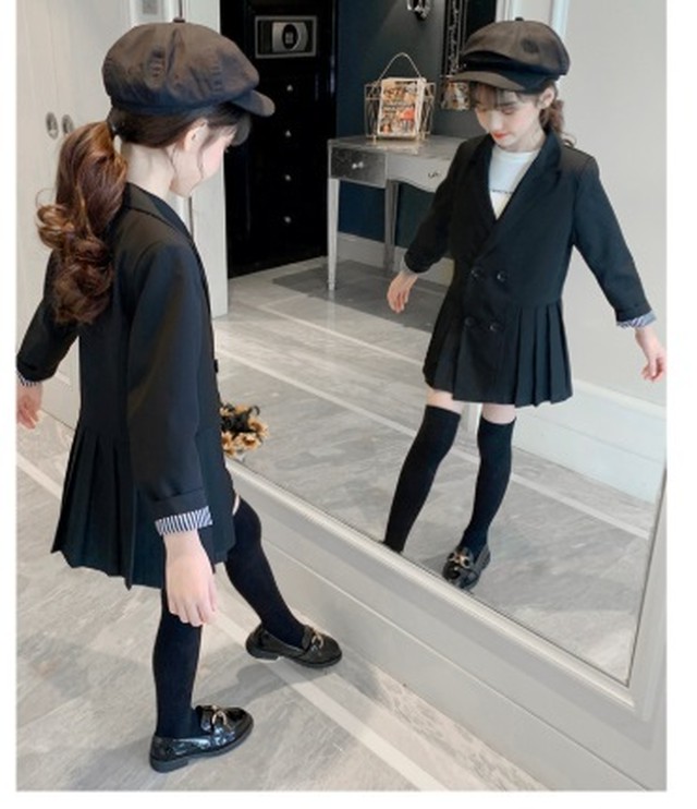 セットアップ風 シックなプリーツワンピース キッズ 子ども服 ワンピース 女の子 プリーツ スカート 子供ドレス 長袖 ストライプ ブラック フォーマル 発表会 結婚式 普段着 入園入学 卒園卒業 110 160cm 送料無料 韓国レディース キッズファッション Londonbridge