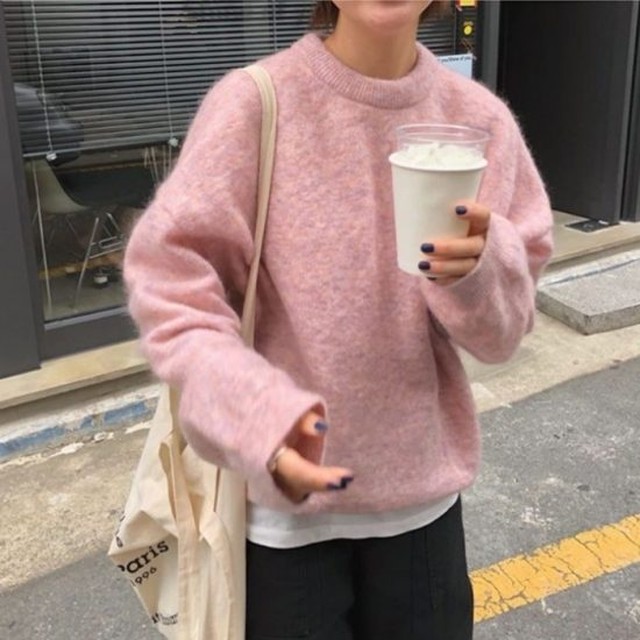 ニット セーター ニット レディース 秋冬 新品 安い 大きめ トップス 韓国 40代 暖かい 冬部屋着 体型カバー 長袖 無地 カジュアル ゆったり 青 ラウンドネック 通勤 30代 Dress Plaatje