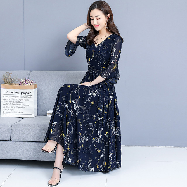 ドレス パーティードレス レディース ワンピース ひざ下丈 ミモレ丈 Aライン Vネック フレア シフォン 花柄 フローラル 七分丈 お呼ばれ 発表会 結婚式 お出かけ デート 代 30代 きれいめ 大人可愛い Dresssight