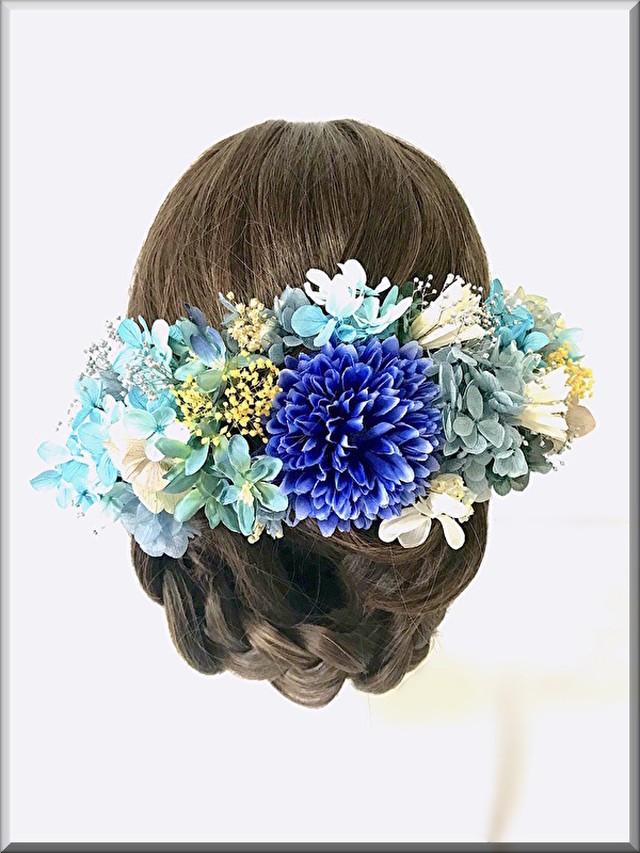 華やか ヘッドドレス 47本セット ピンポンマム 紫陽花 かすみ草 プリザーブドフラワー 成人式 結婚式 髪飾り オルゴナイト Malulani