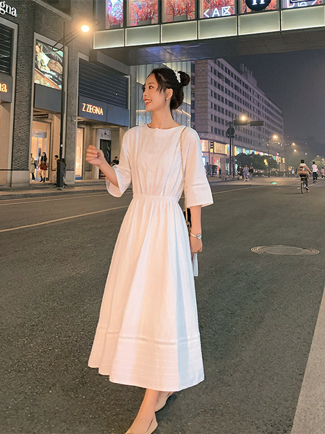 ワンピース ドレス ロングワンピース シャツワンピース 春ワンピース マタニティ ワンピース マキシ丈 フレアワンピ ホワイト 白 七分袖 レース リゾート 清楚 お嬢様 可愛い 10代 代 30代 40代 Ptngt0225 Shop Suba