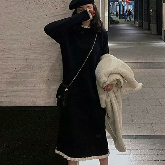 ロング丈 ニット ワンピース 無地 シンプル シック 大人 カジュアル キレイめ 可愛い お出かけ お買い物 デート 女子会 秋冬 春 通学 学生 通勤 韓国ファッション 大きいサイズ Like Fashion