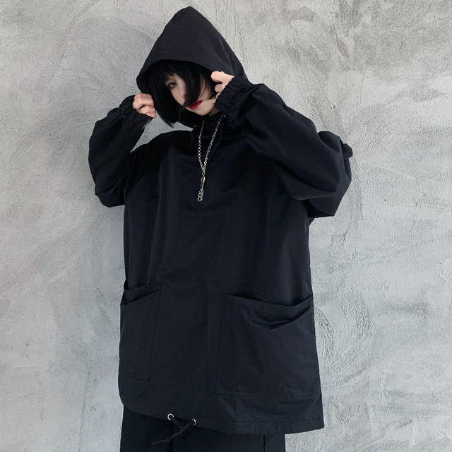 ストリート ダークブラック トップス 韓国ファッション スウェット フード付き ジャケット レディース Deshon