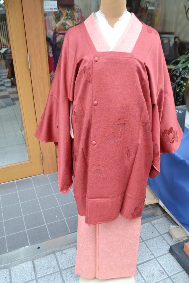 ローズレッドの椿 道行コート しつけ付 アンティーク着物侘びすけ 大正ロマンやモダンでおしゃれな着物