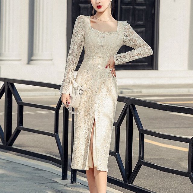 ワンピース レディース パーティドレス 代 韓国 結婚式 10代 30代 膝下丈 長袖 レース 花柄 スクエアネック 二次会 レトロ きれいめ ブラック ホワイト 大人 ワンピの里