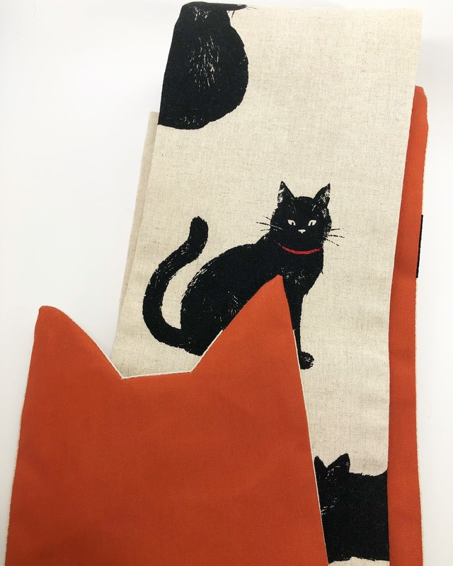黒猫の女性用半幅帯 オレンジ 猫耳 黒猫屋ニコル