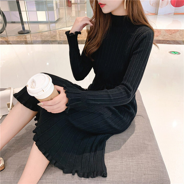 即納 ブラック ワンピース レディース 長袖 膝下 膝丈 秋 冬 Aライン ハイウエスト フレア セミフォーマル Sunflower