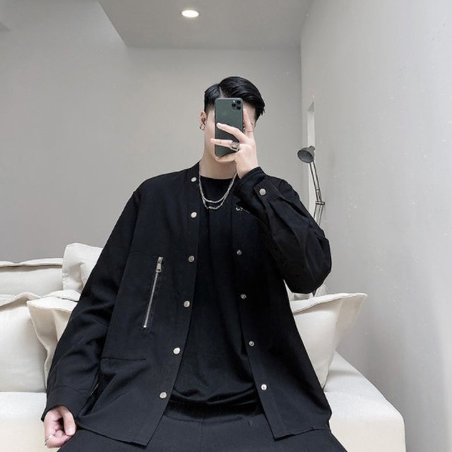 ノーカラー シャツジャケット 長袖 ジップ 無地 ブラック ホワイト 黒 白 メンズ レディース ユニセックス 韓国 カジュアル シック モード お支払い後日以内に発送 Top316 Garcons