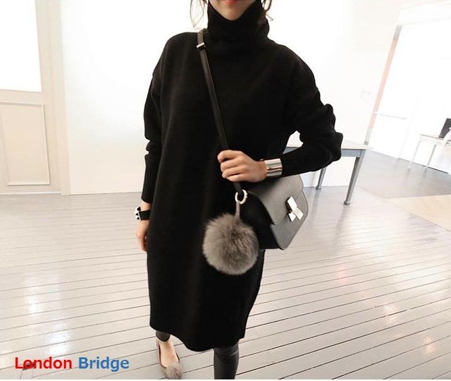 冬新作 タートル ワンピース レディース ニット ニットワンピ ゆるライン 体型カバー 膝丈 ミディアム丈 おしゃれ 可愛い ブラック 秋冬 17秋冬新作 フリー 送料無料 韓国レディース キッズファッション Londonbridge ロンドンブリッジ