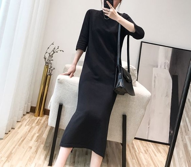 ニットワンピ ニットワンピース 40代 ロング タイト コーデ 50代 30代 カジュアル おしゃれ 通勤 きれいめ オフィス 大人 レッド ブラック グレー ワンカラー ラウンドネック 韓国風 Dress No Sato