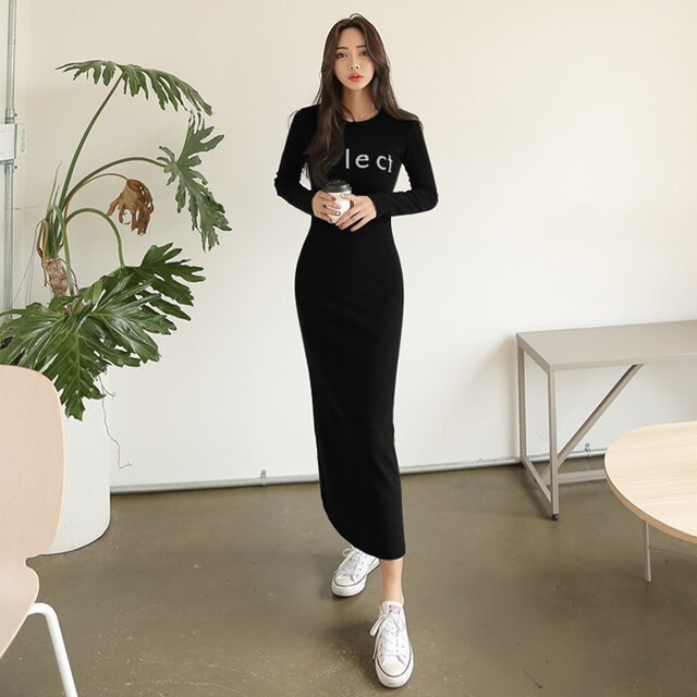 ロングワンピース ワンピース ロング マキシワンピース 長袖 タイト ワンピース ロング ロングタイトワンピース ロゴワンピース 大人カジュアル ルームウェア 機内着 グレー ブラック 黒 Mhf Clothes